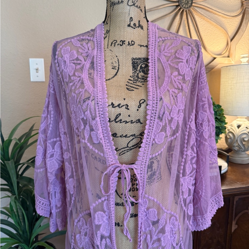 Forgotten Grace Vibrant Lavender Lace Embroidered Floral Sheer Kimono Duster - Picture 2 of 13